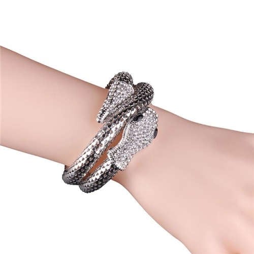Rhinestone Embellished Coiled Snake Design High Fashion Women Alloy Bracelet - Silver