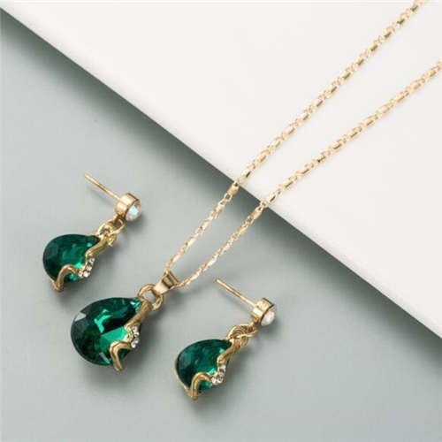 Rhinestone Embellished Elegant Waterdrops Design 2pcs Women Costume Necklace and Earrings Jewelry Set - Green