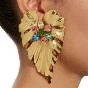 Gilded Leaves: Multicolor Rhinestone Leaf Statement Earrings-Fashion Earrings-StylinArts