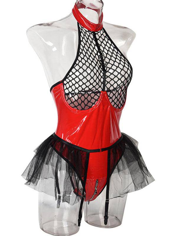 Role Playing Fishnet Teddy With Pu Leather Halter Neck Bodysuit - StylinArt