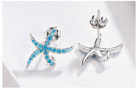 Ocean Breeze: Blue Starfish Sterling Silver Stud Earrings-Fashion Earrings-StylinArts