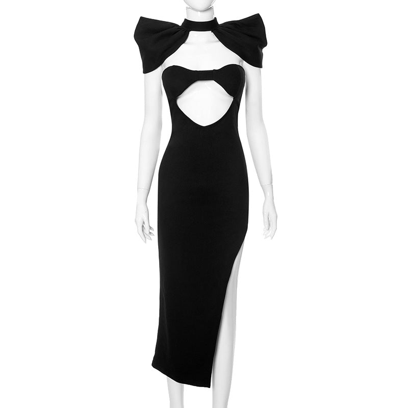 Distinctive Style: Trendy One-Shoulder Open Bone Dress with Side Slit-Sheath Dress-StylinArts