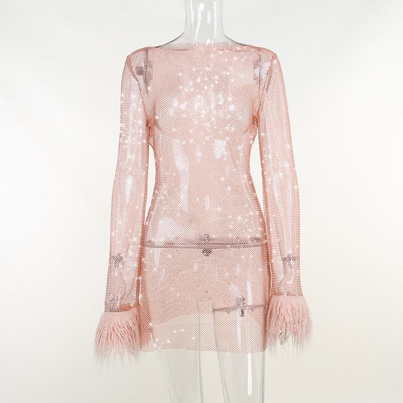 Trendy Autumn: Glittering Mesh Dress with Furry Thin Detail-Sheath Dress-StylinArts