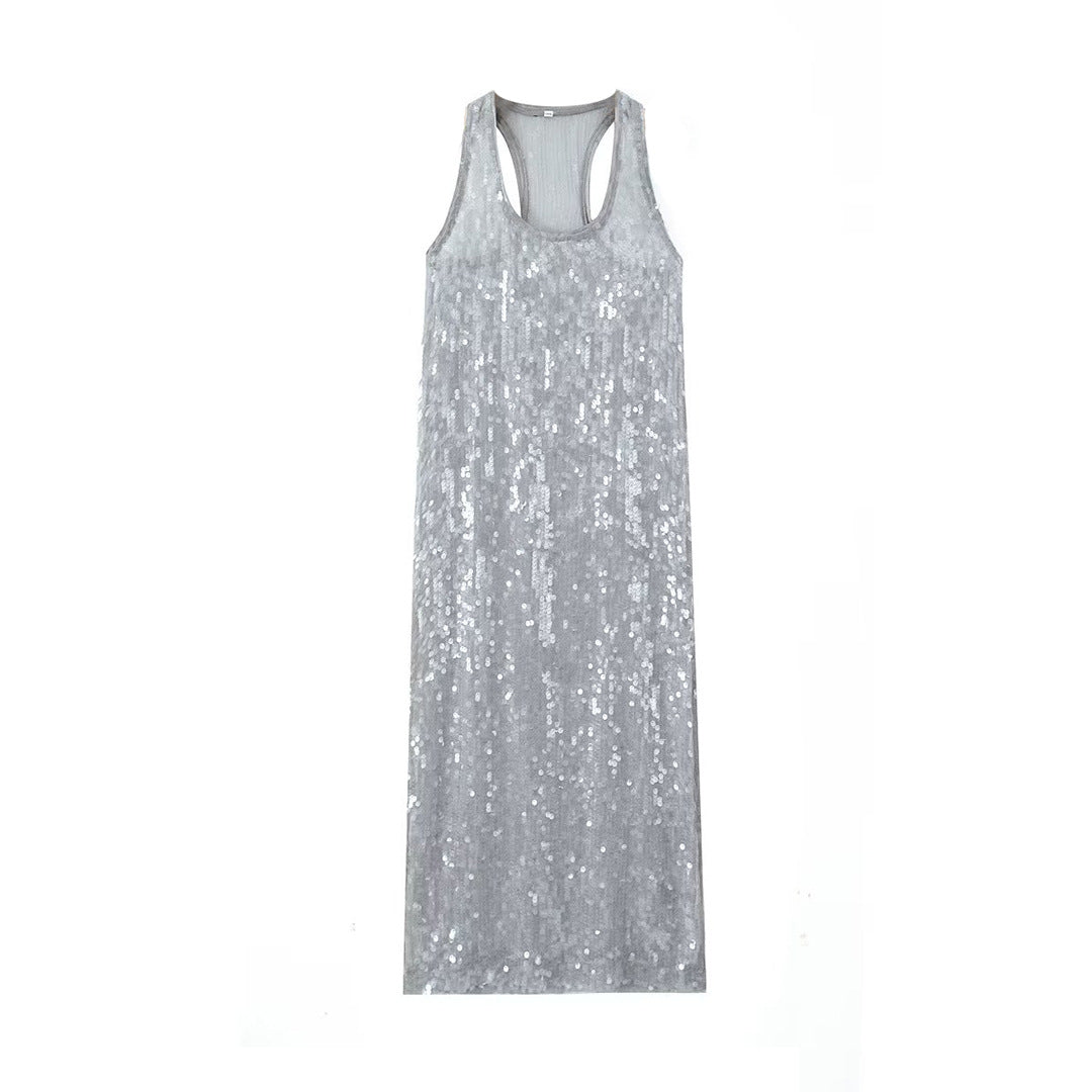Frost Glamour: Winter Slim Fit Long Sequined Vest Dress-Shift Dress-StylinArts
