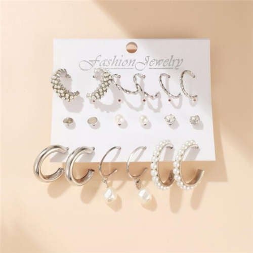 Silver Pearl and Rhinestone Hoops and Studs European Style Women Earrings Combo Set