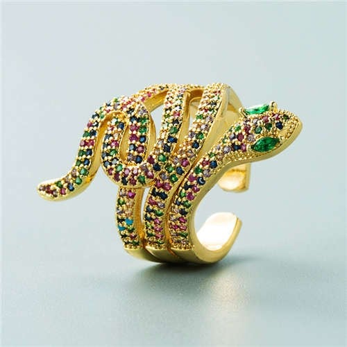 Snake Shape Design Cubic Zirconia Embeded Bold Fashion Statement Ring - Multicolor