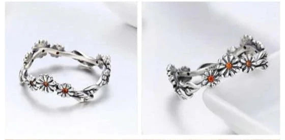 Daisy Delight: Sterling Silver Orange Cubic Zirconia Ring-Fashion Rings-StylinArts