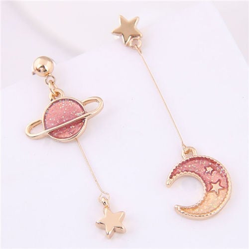 Star and Moon Asymmetric Design Cute Fashion Women Earrings - Red