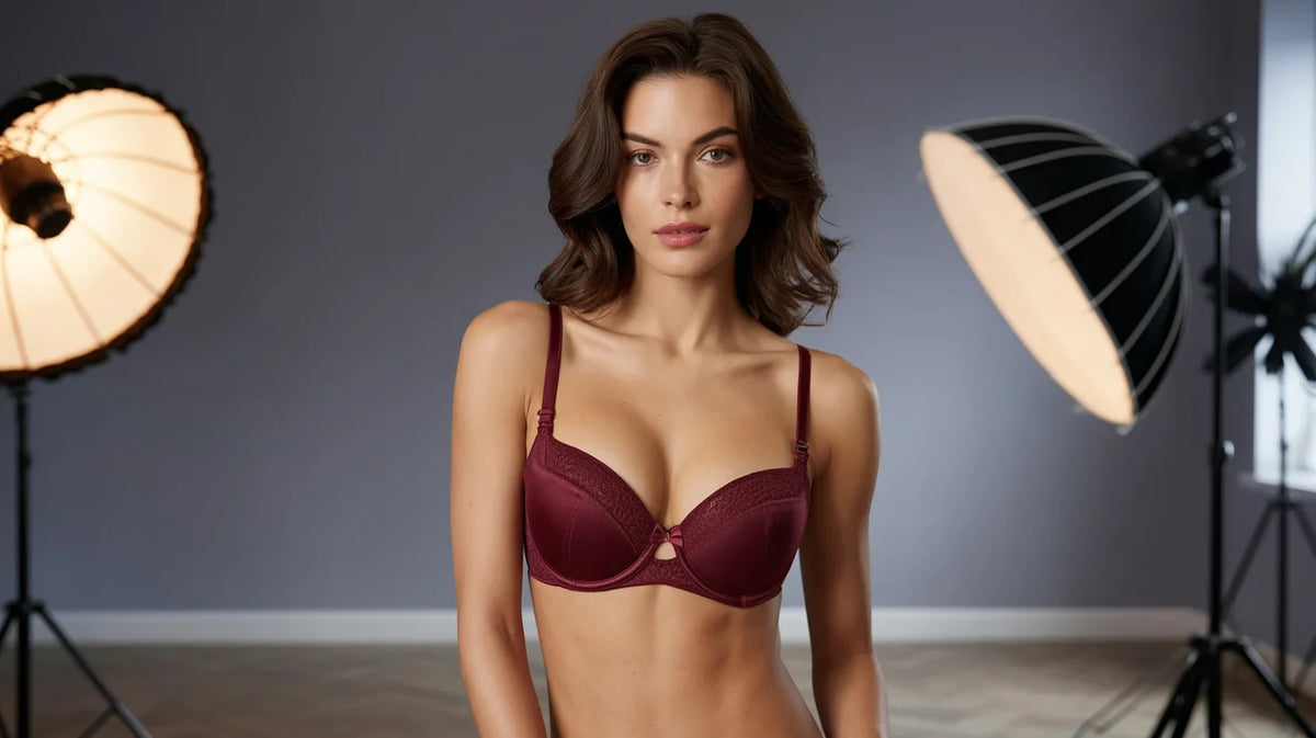 Woman wearing a maroon bra in a studio setting with lighting equipment.