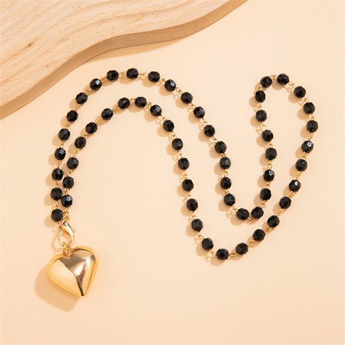 Midnight Romance: Black Bead Heart Pendant Necklace-Necklace-StylinArts