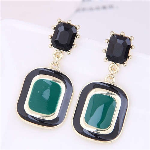 Trendy Color Contrast Design Oil-spot Glazed Square Dangle Wholesale Earrings - Green