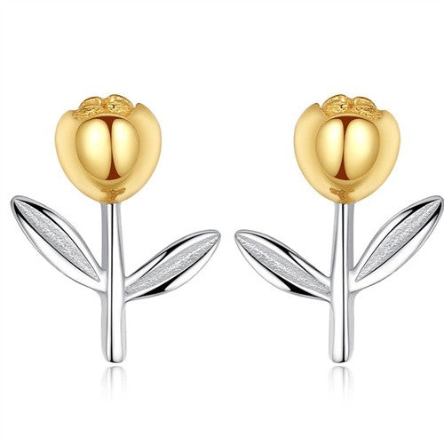 Golden Blossom: Two-Tone Sterling Silver Tulip Stud Earrings-Fashion Earrings-StylinArts