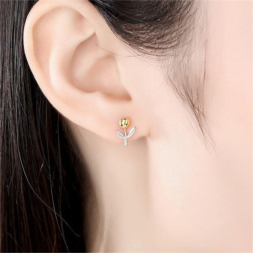 Golden Blossom: Two-Tone Sterling Silver Tulip Stud Earrings-Fashion Earrings-StylinArts