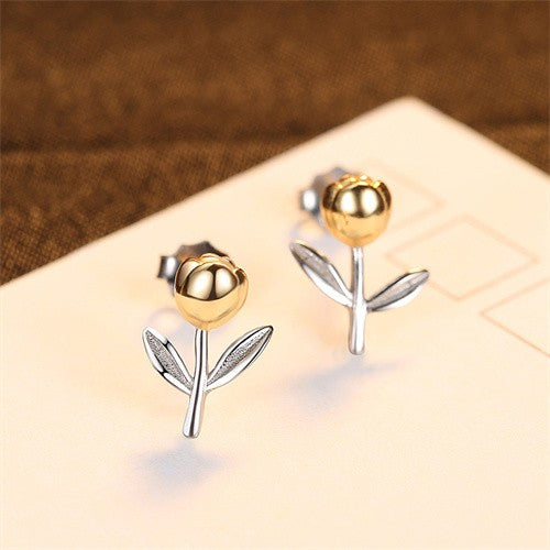 Golden Blossom: Two-Tone Sterling Silver Tulip Stud Earrings-Fashion Earrings-StylinArts