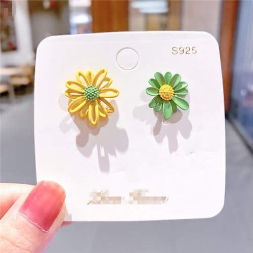 Unique Hollow Flower and Chrysanthemum Combo Design Korean Fashion Wholesale Stud Earrings - Yellow and Green