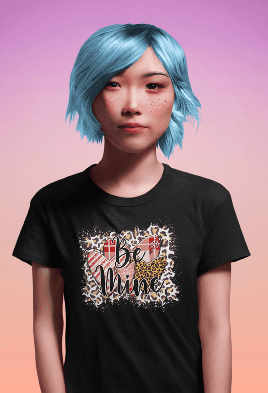 Be Mine Valentine’s T-Shirt – Leopard Print & Plaid Hearts Statement Tee-Black-S-Regular Fit Tee-StylinArts