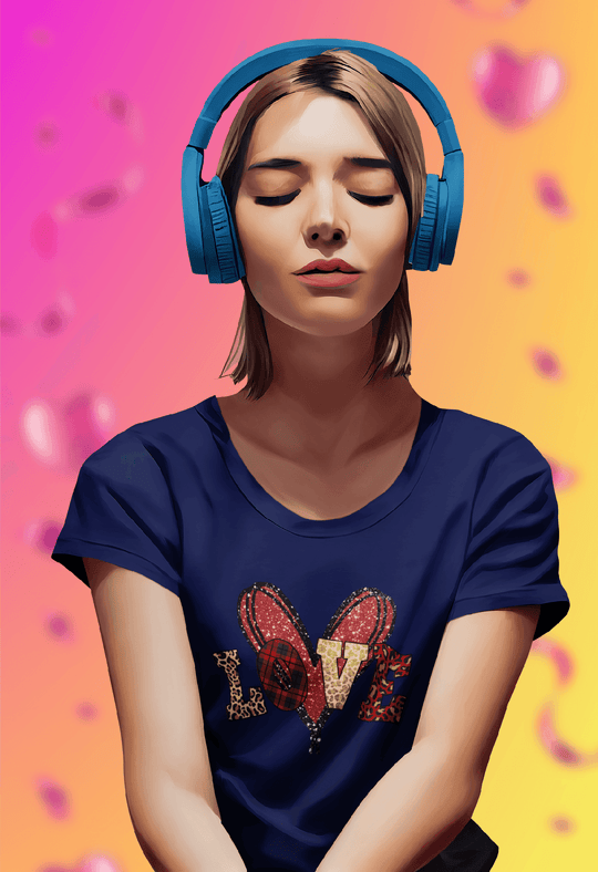 Women’s Leopard Print LOVE Heart Balloon Valentine’s Day T-Shirt-Navy-S-Regular Fit Tee-StylinArts