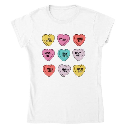 Sweet Talk Conversation Hearts Valentine’s Day T-Shirt-White-S-Regular Fit Tee-StylinArts