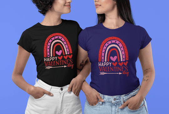Happy Valentine’s Day Rainbow Hearts Tee-Black-S-Regular Fit Tee-StylinArts