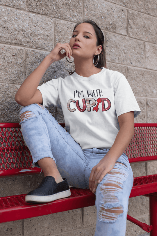 I’m With Cupid Valentine’s T-Shirt – Playful Arrow & Heart Graphic Tee-White-S-Regular Fit Tee-StylinArts