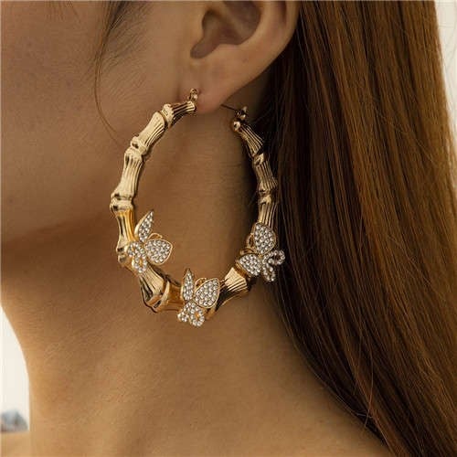 Vintage Bamboo Knot Design Rhinestone Butterfly Bold Fashion Wholesale Hoop Earrings - Golden