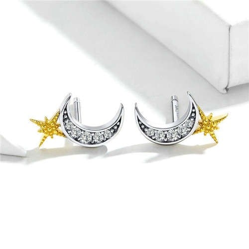 Vintage Color Golden Star and Silver Moon Cubic Zirconia Wholesale 925 Sterling Silver Earrings