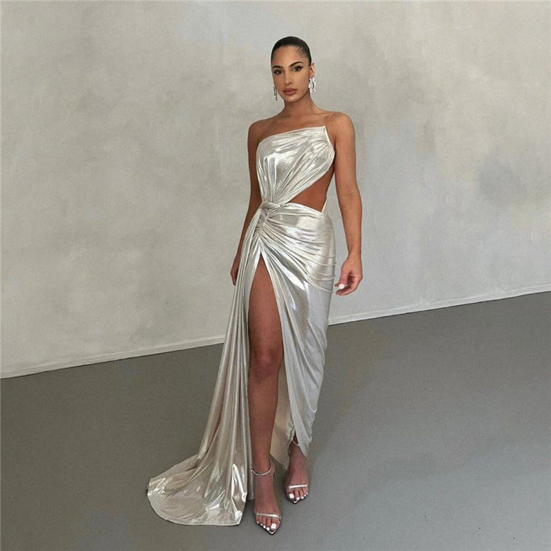 Metallic Coated Backless Slim Dress - StylinArt