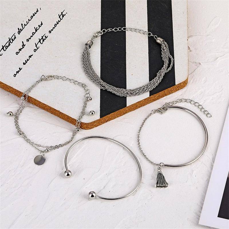 Bohemian Silver Color Tassel Round Bracelet Set - StylinArt
